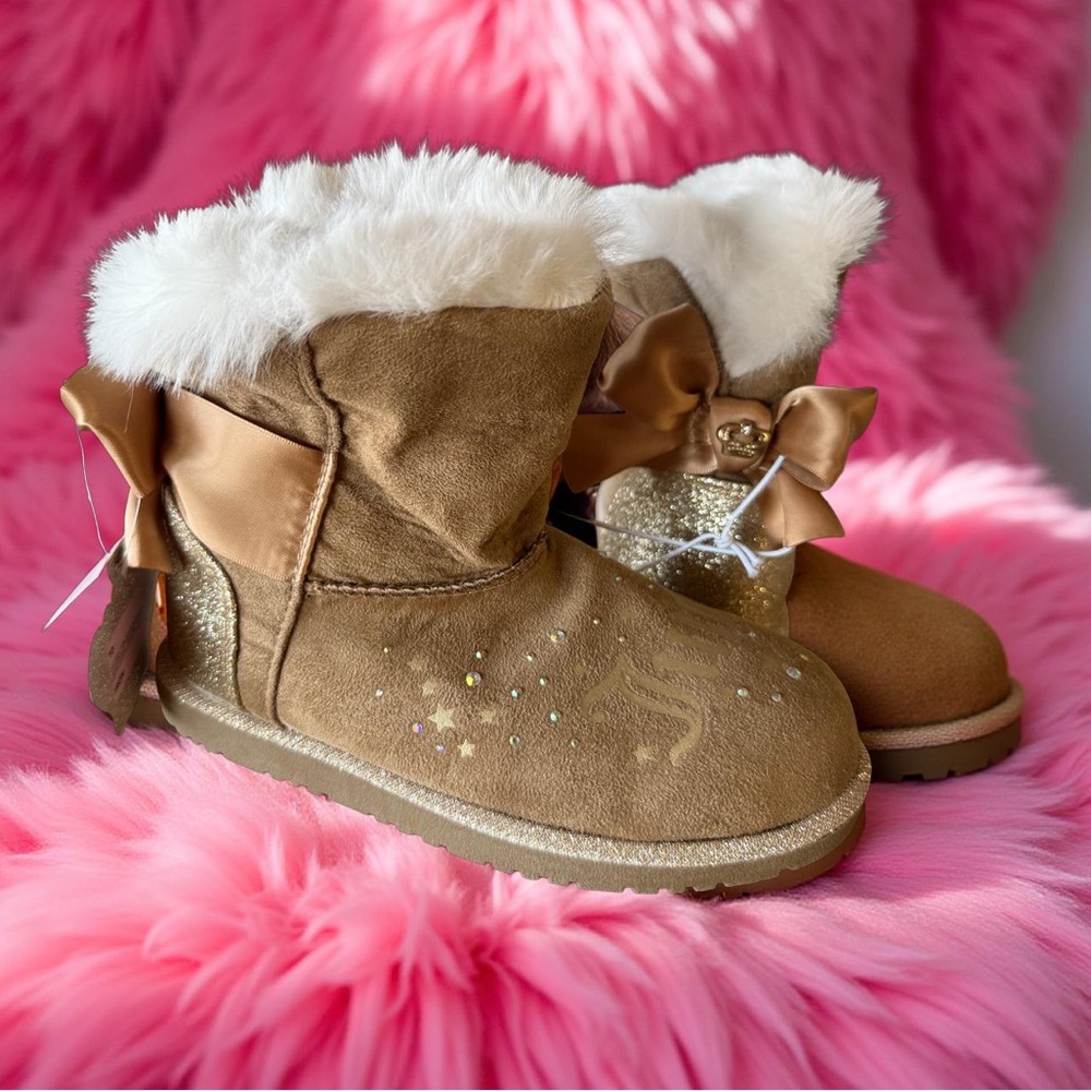 Juicy Couture NWT Size 13 Cozy Tan Girls Brown Faux Suede Boots with Bow (SH028)
